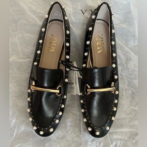 Zara Black Loafers with Gold and Pearl Details